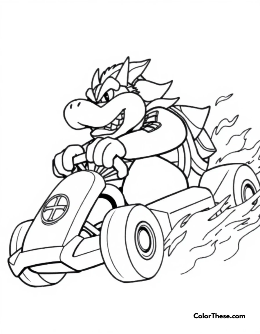 Free printable bowser's kart race coloring page for kids and adults. Bowser racing in his intimidating kart, leaving flames in his wake.