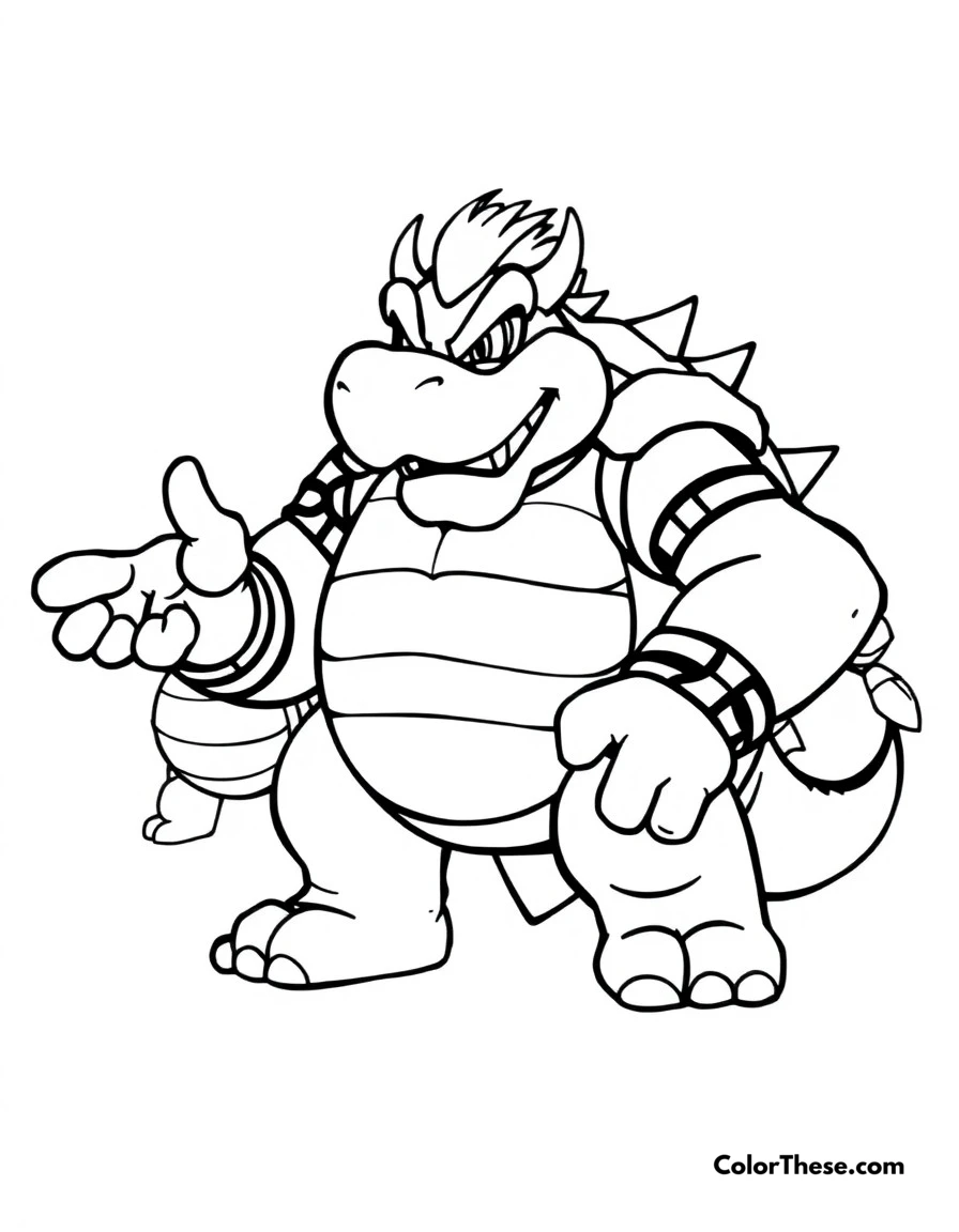Free printable bowser's minion meeting coloring page for kids and adults. Bowser giving orders to his loyal Koopa Troopas and Goombas.