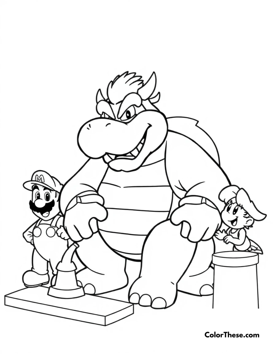 Free printable bowser's party games coloring page for kids and adults. Bowser participating in Mario Party mini-games with other characters.