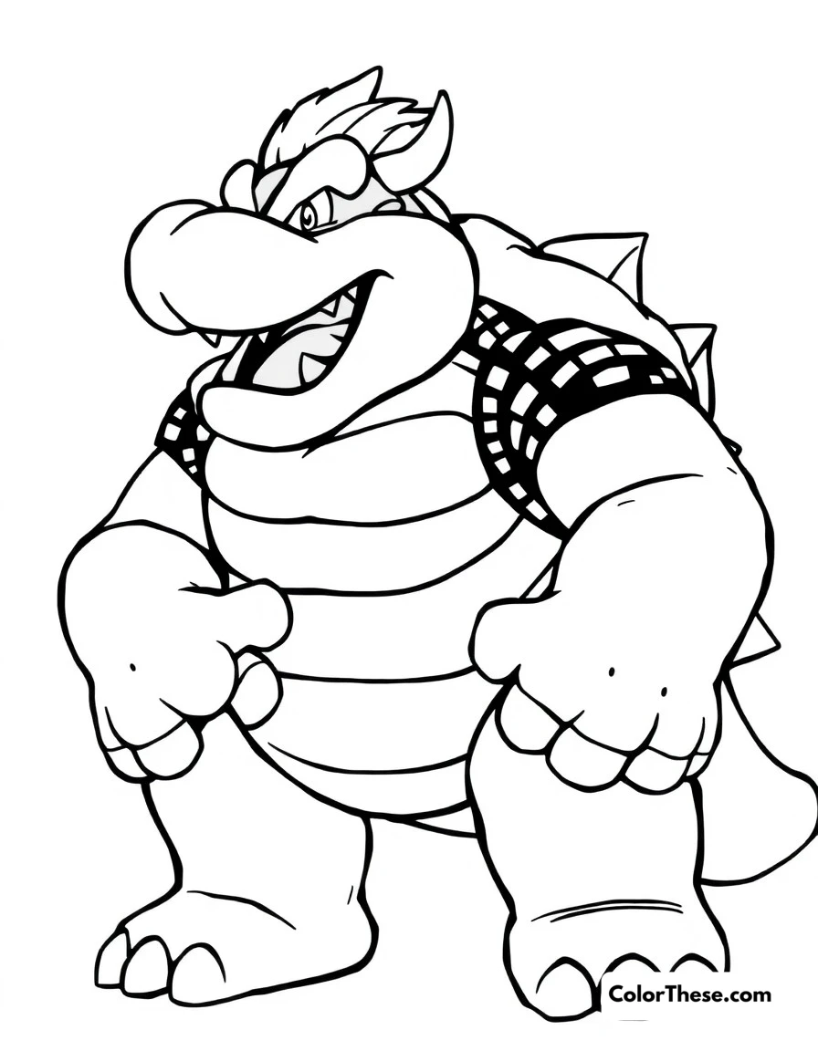 Free printable bowser's power-up form coloring page for kids and adults. Bowser in his super-sized form after using a power-up, looking more intimidating than ever.