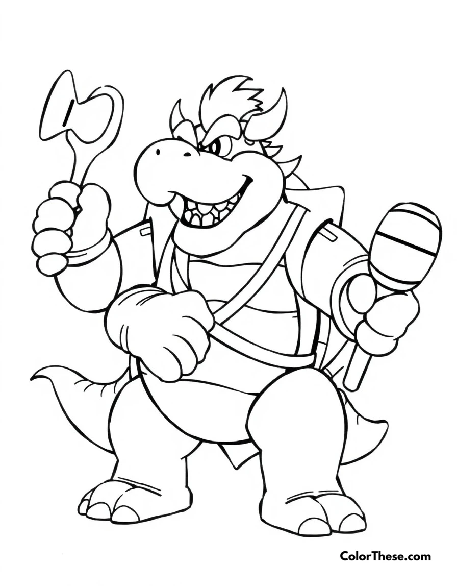 Free printable bowser's sports day coloring page for kids and adults. Bowser participating in various Mario sports activities, showing his competitive spirit.