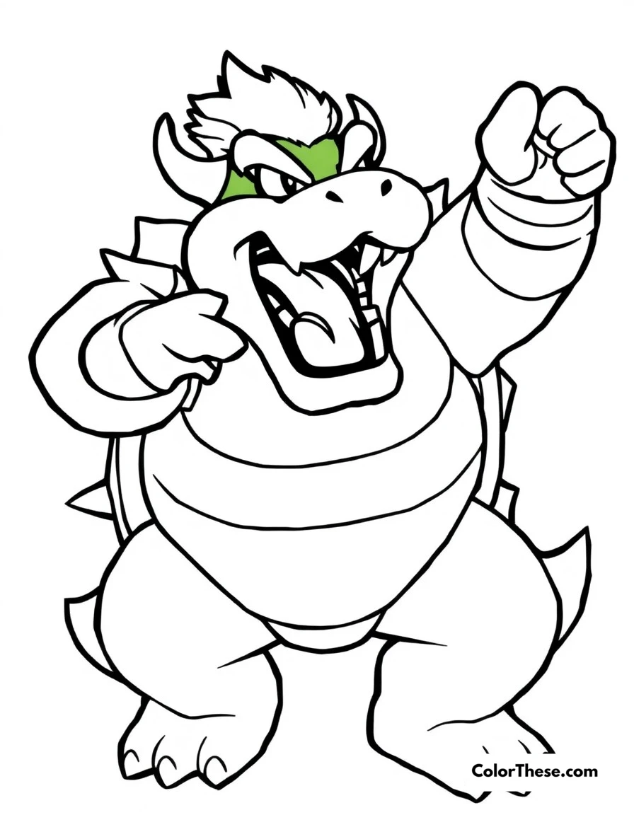 Free printable bowser's victory roar coloring page for kids and adults. Bowser celebrating a victory with his signature triumphant roar.