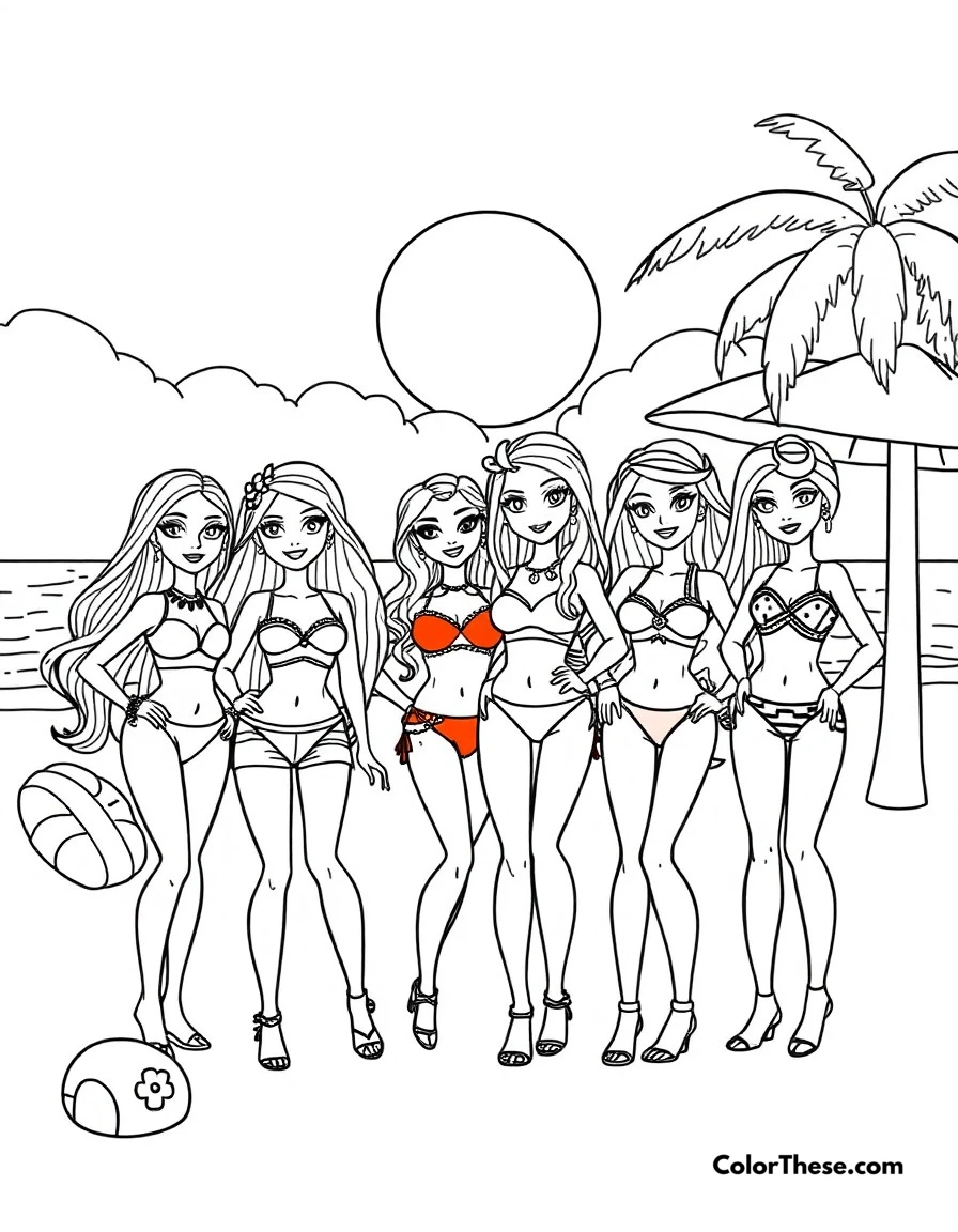 Free printable bratz beach day coloring page for kids and adults. A sunny beach scene with the Bratz in their stylish swimwear and accessories.