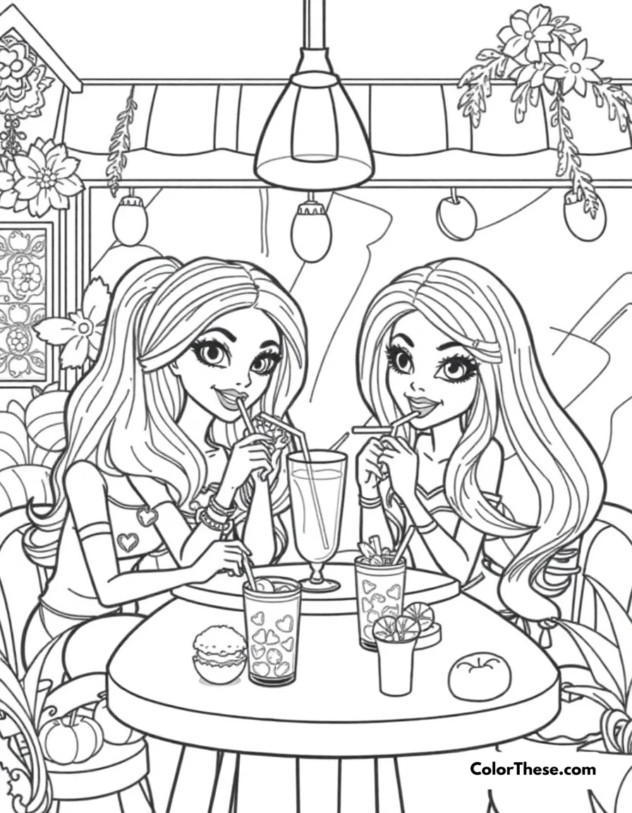 Free printable bratz cafe scene coloring page for kids and adults. The Bratz enjoying smoothies and snacks at their favorite café.