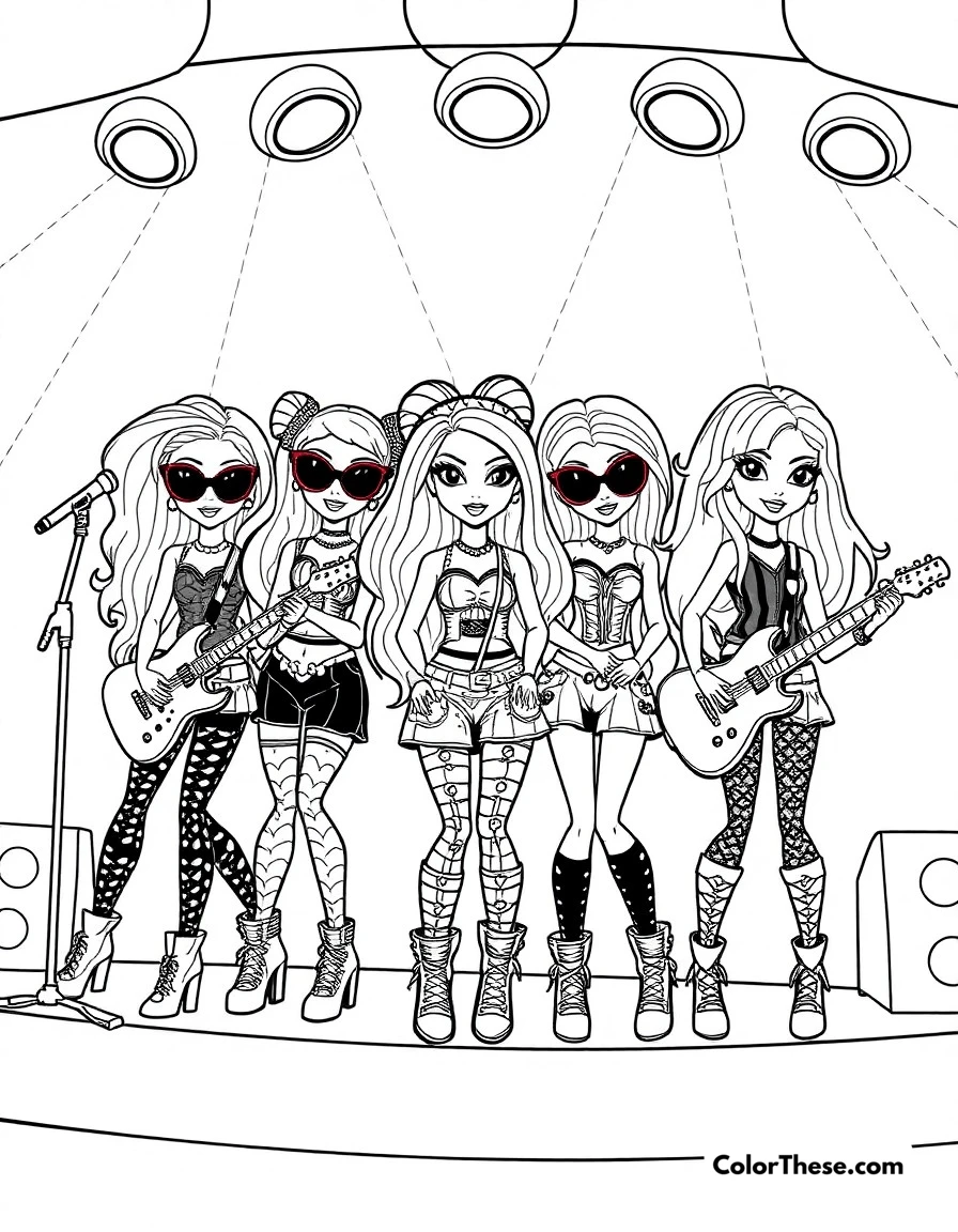 Free printable bratz rock concert coloring page for kids and adults. The Bratz performing on stage in their rock star outfits with instruments.
