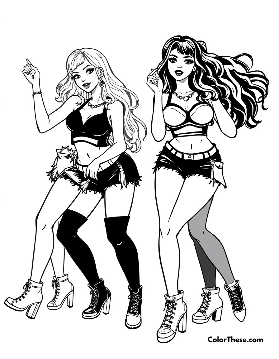 Free printable bratz dance party coloring page for kids and adults. The girls showing off their dance moves in trendy club outfits.