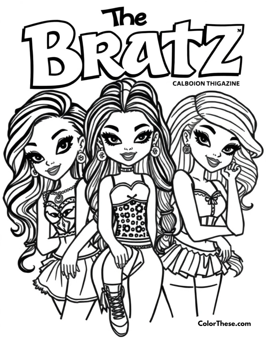 Free printable bratz magazine cover coloring page for kids and adults. The Bratz girls featured on the cover of their own fashion magazine.