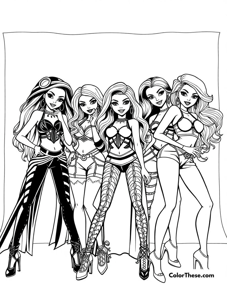 Free printable bratz photo shoot coloring page for kids and adults. A glamorous photo shoot with the Bratz girls striking fierce poses.