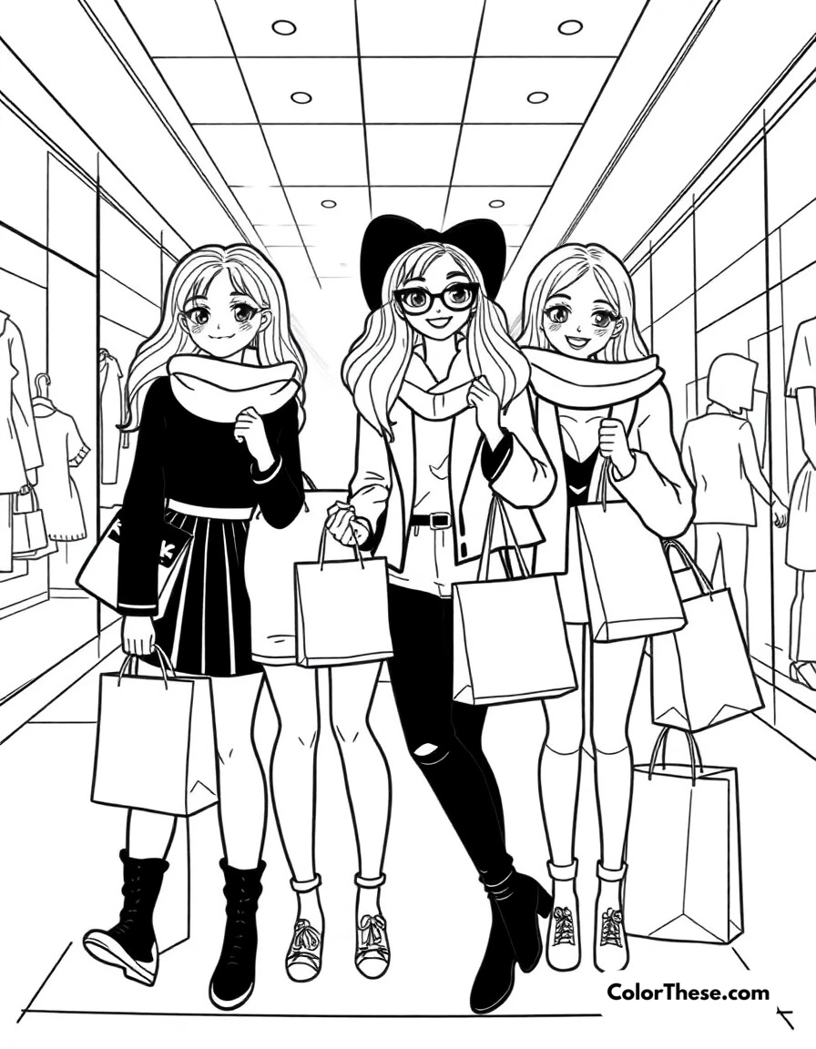 Free printable bratz shopping spree coloring page for kids and adults. The girls enjoying a day at the mall with shopping bags and new outfits.
