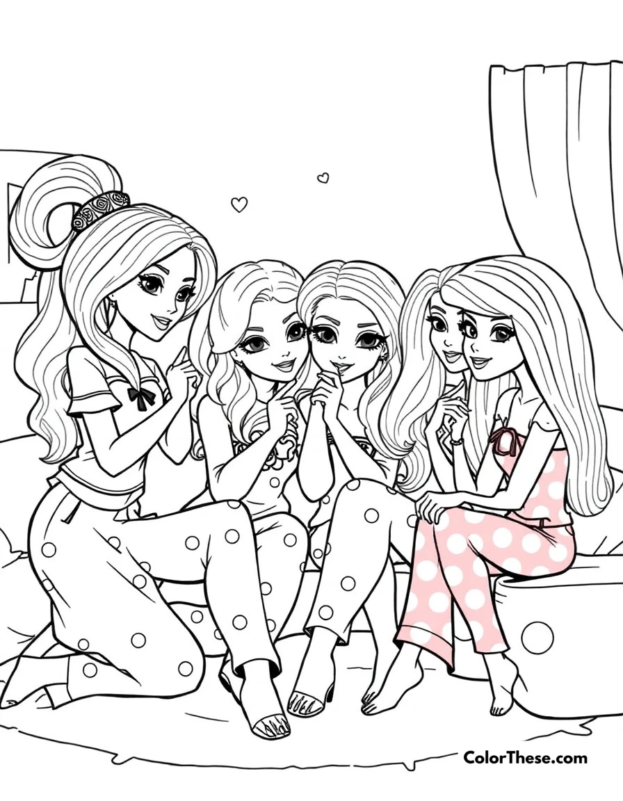 Free printable bratz sleepover party coloring page for kids and adults. A fun pajama party scene with the Bratz girls sharing secrets and style tips.
