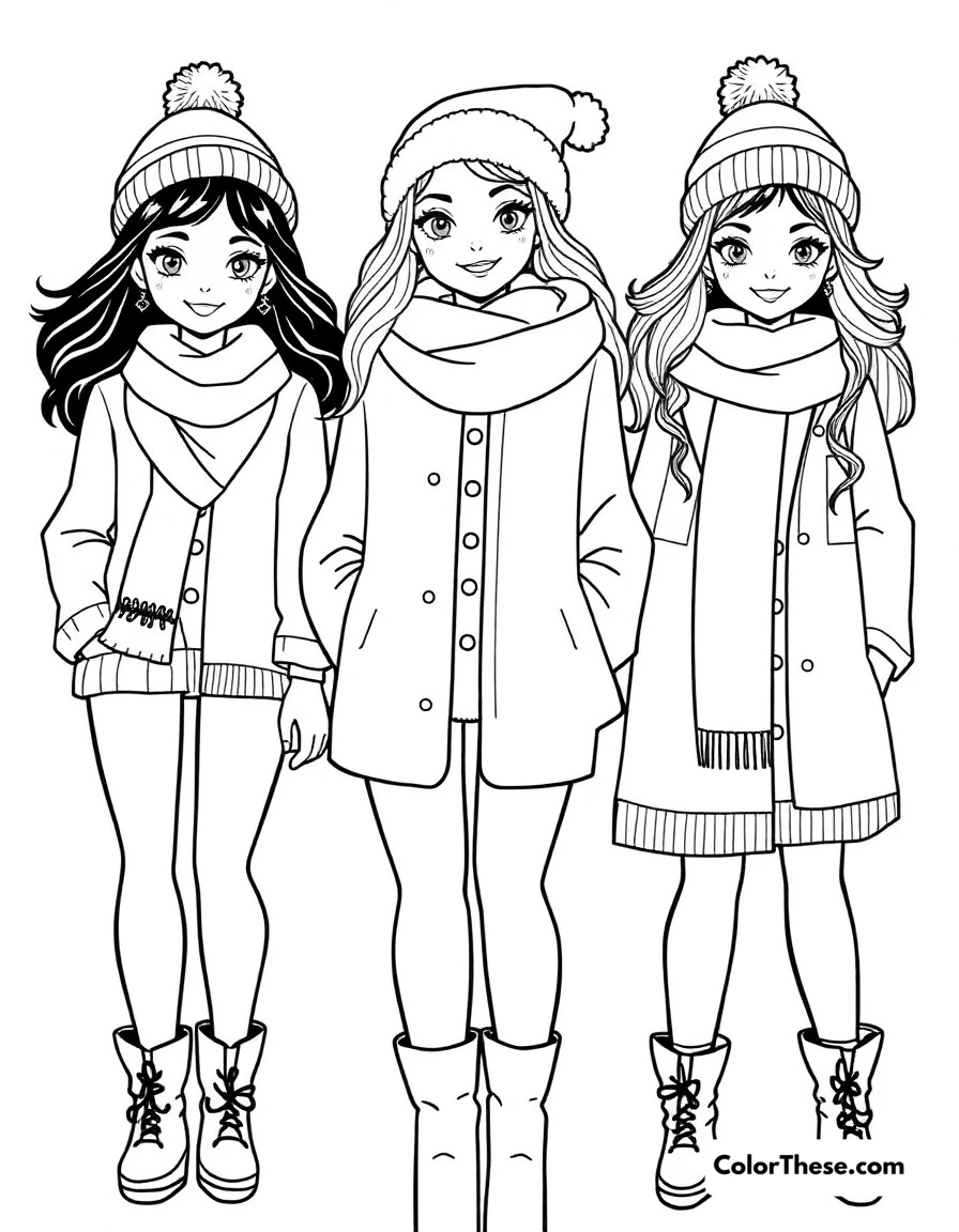 Free printable bratz winter fashion coloring page for kids and adults. The girls modeling their latest winter fashion collection with cozy accessories.