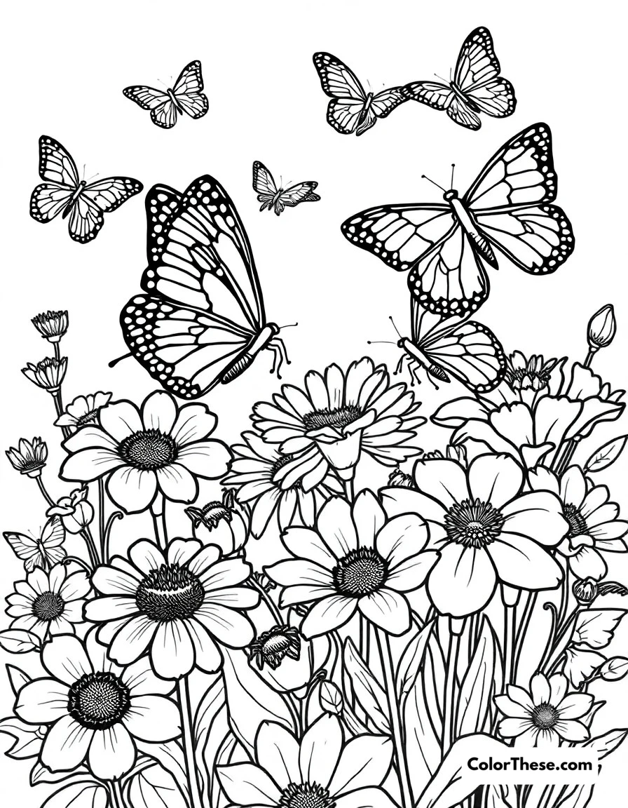 Free printable butterfly flower friends coloring page for kids and adults. Butterflies gathering nectar from a variety of beautiful flowers.