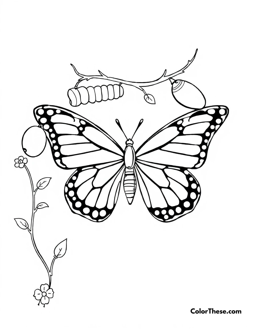Free printable butterfly life cycle coloring page for kids and adults. The complete metamorphosis cycle from egg to caterpillar to chrysalis to butterfly.
