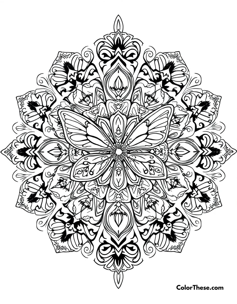 Free printable butterfly mandala design coloring page for kids and adults. An intricate mandala pattern featuring butterfly motifs and detailed designs.