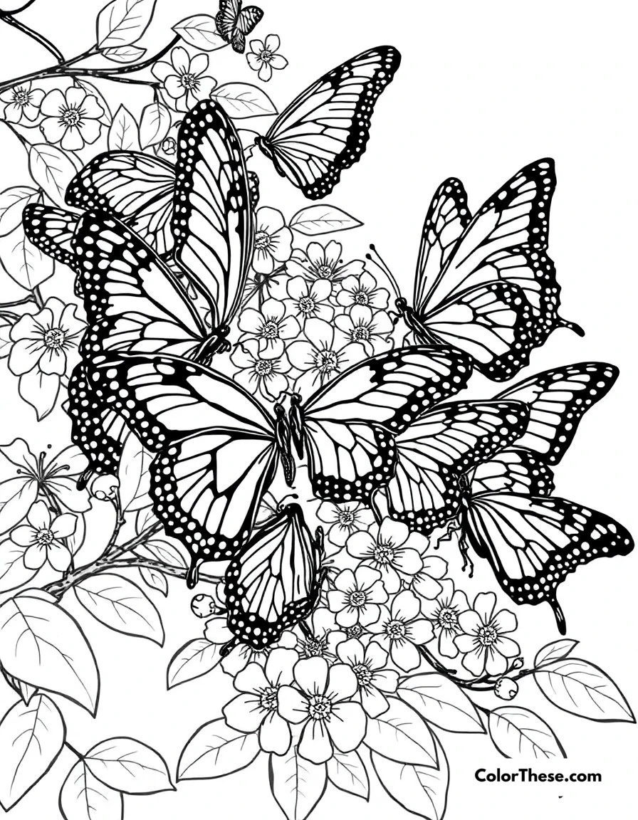 Free printable butterfly friends meeting coloring page for kids and adults. Multiple butterfly species gathering together on flowering branches.