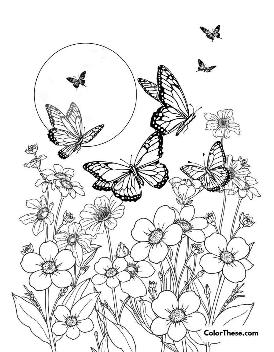 Free printable butterfly night garden coloring page for kids and adults. Moths and night butterflies among moonflowers and evening blooms.