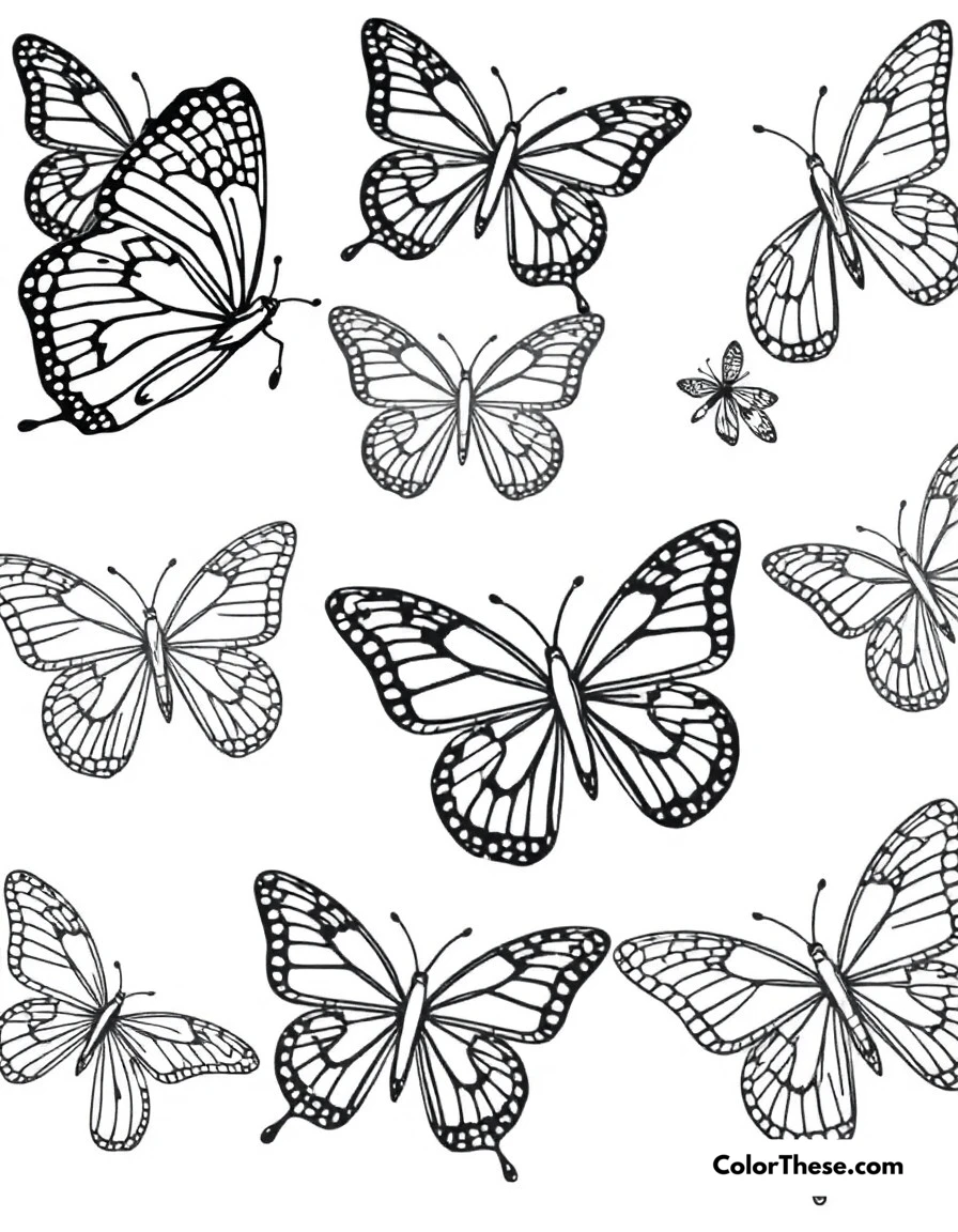 Free printable butterfly pattern play coloring page for kids and adults. Various butterflies showcasing different wing patterns and designs.