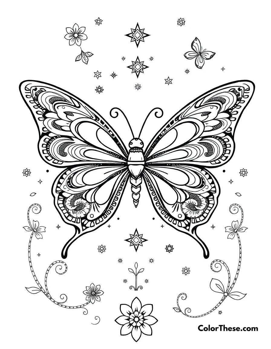 Free printable butterfly rainbow wings coloring page for kids and adults. A fantasy butterfly with rainbow-inspired wing patterns and magical elements.