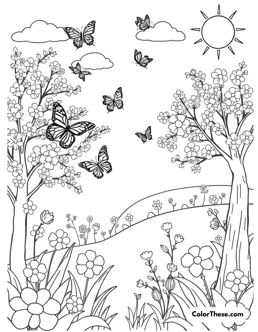 Free printable butterfly spring day coloring page for kids and adults. A cheerful spring scene with butterflies, blooming trees, and sunshine.