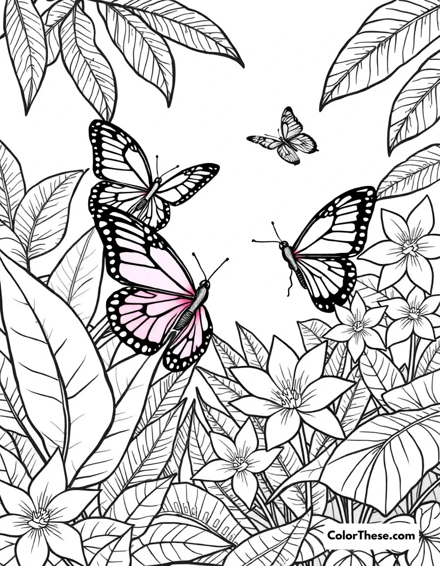 Free printable butterfly tropical scene coloring page for kids and adults. Exotic butterflies among tropical flowers and lush rainforest plants.