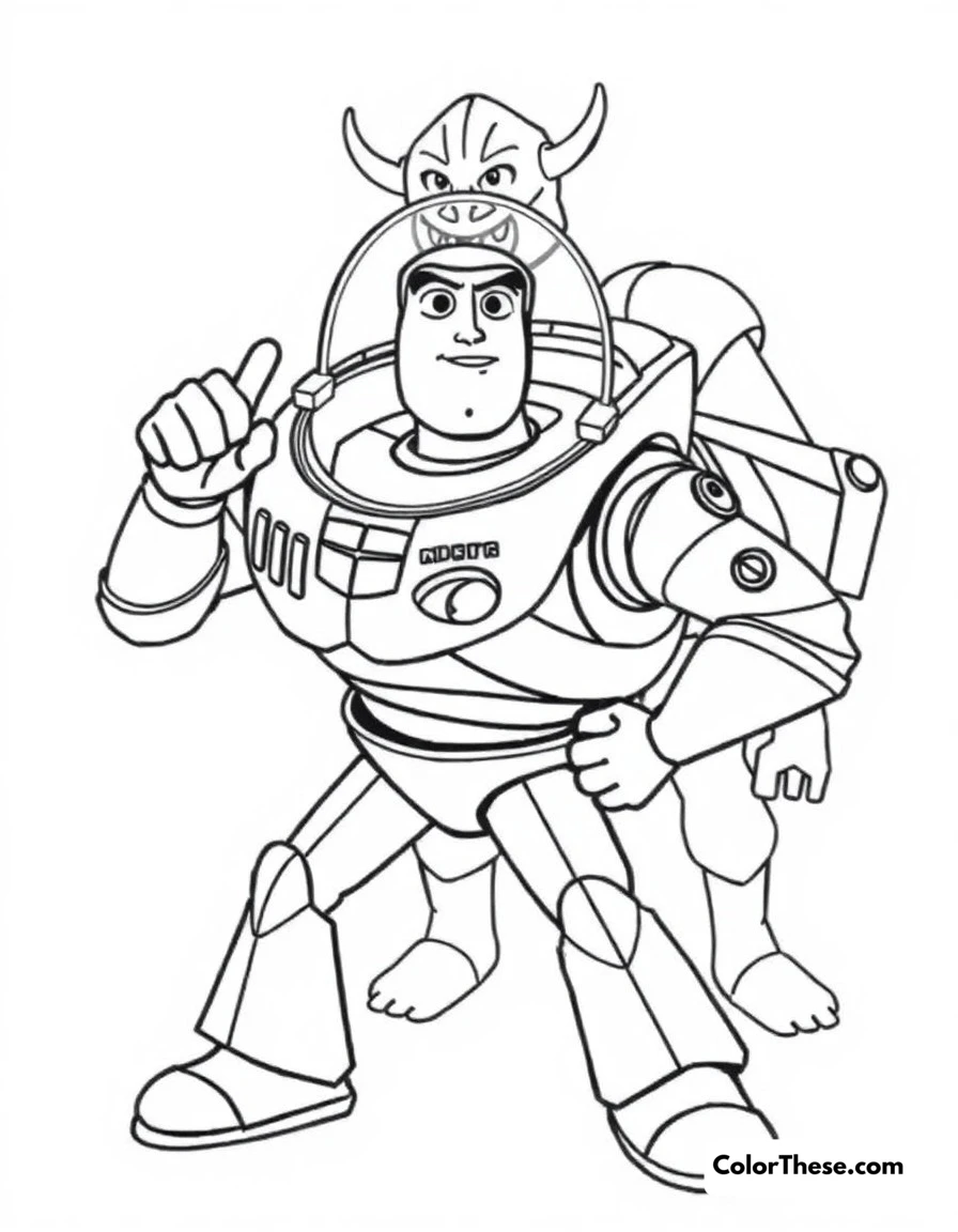 Free printable buzz lightyear battle stance coloring page for kids and adults. Buzz in a defensive pose, protecting his friends from Zurg.
