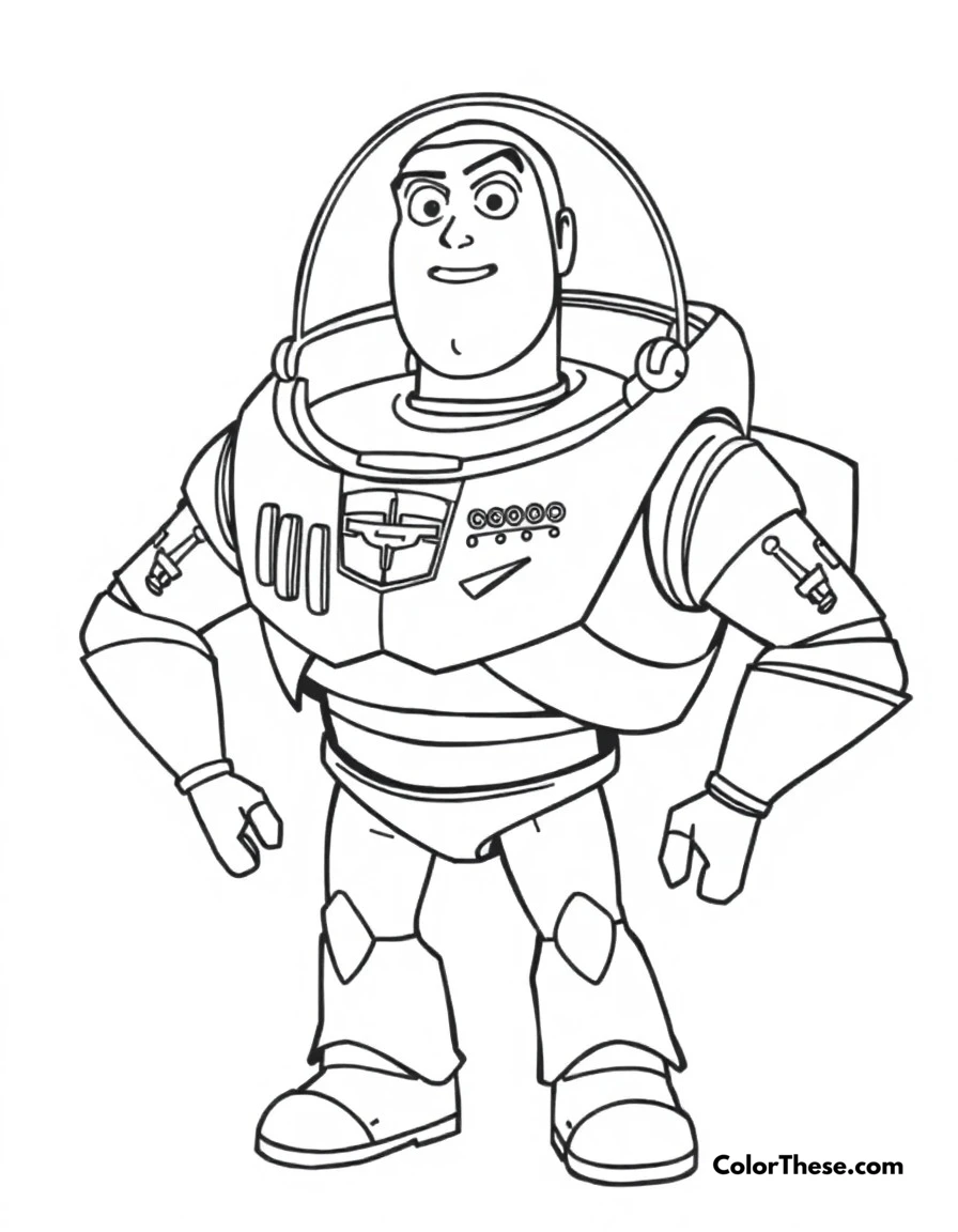 Free printable buzz lightyear control panel coloring page for kids and adults. Buzz showing off his suit's various buttons and features.