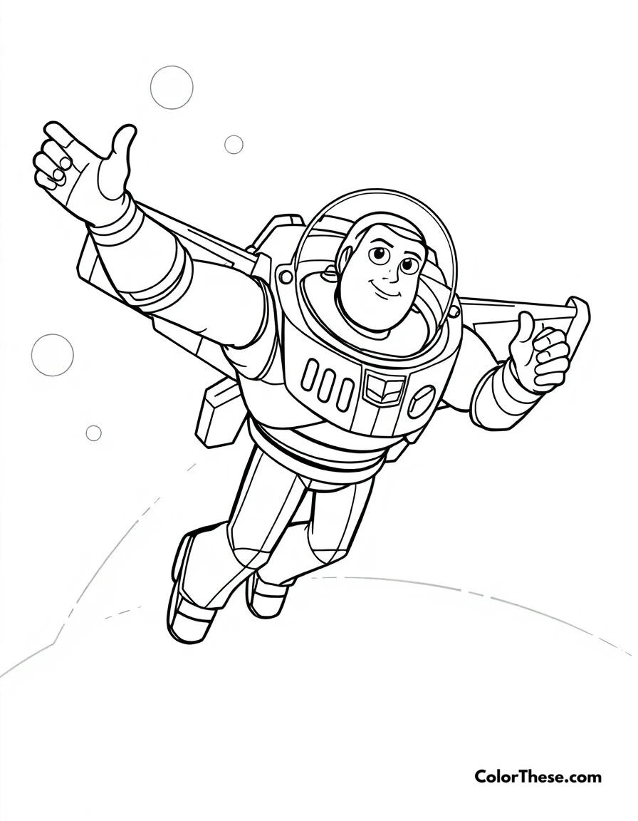 Free printable buzz lightyear flight mode coloring page for kids and adults. Buzz soaring through space with his wings deployed and jet pack activated.