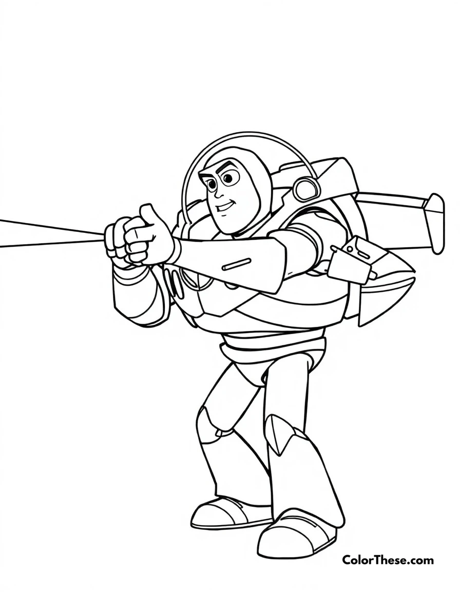 Free printable buzz lightyear laser action coloring page for kids and adults. Buzz aiming his laser with determination, ready to protect his friends.
