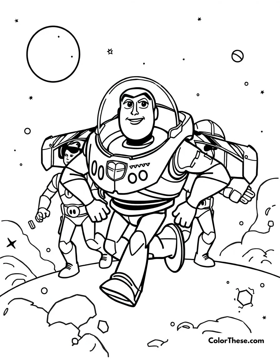 Free printable buzz lightyear space mission coloring page for kids and adults. Buzz on an important space mission with his fellow Space Rangers.