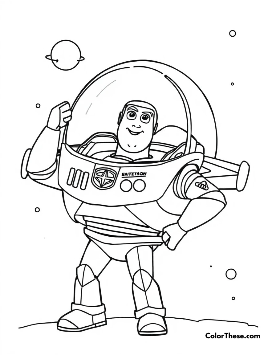 Free printable buzz lightyear spaceship coloring page for kids and adults. Buzz with his personal spacecraft, ready for space exploration.