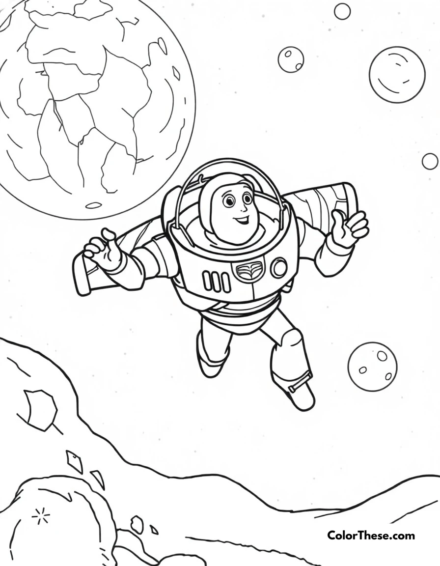 Free printable buzz lightyear space walk coloring page for kids and adults. Buzz floating in space with a beautiful planetary background.