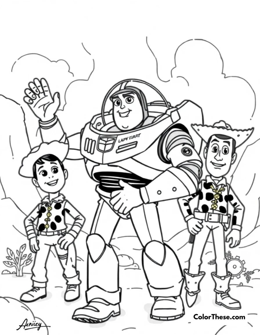 Free printable buzz lightyear team up coloring page for kids and adults. Buzz working together with Woody and other toys on an adventure.