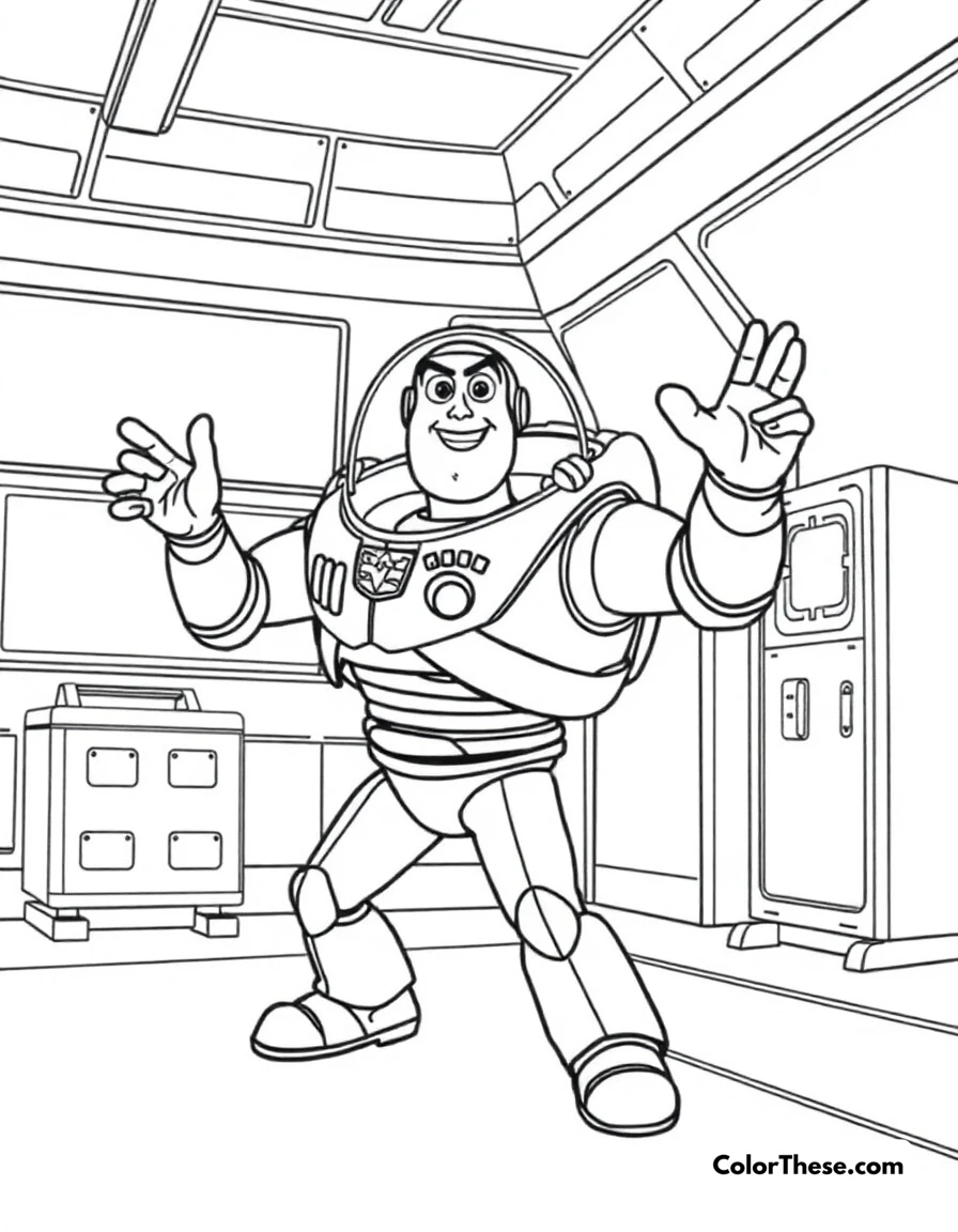 Free printable buzz lightyear training coloring page for kids and adults. Buzz demonstrating Space Ranger moves in the training facility.
