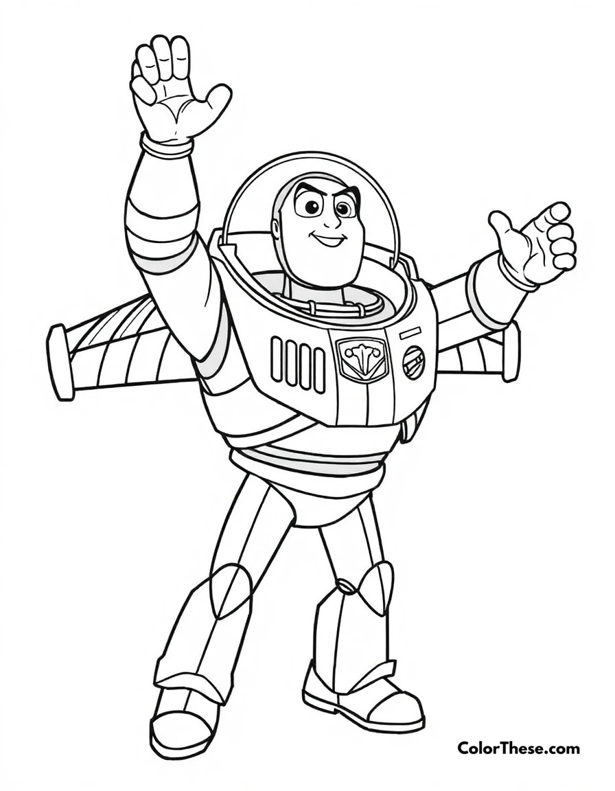 Free printable buzz lightyear victory pose coloring page for kids and adults. Buzz celebrating another successful mission with a triumphant pose.