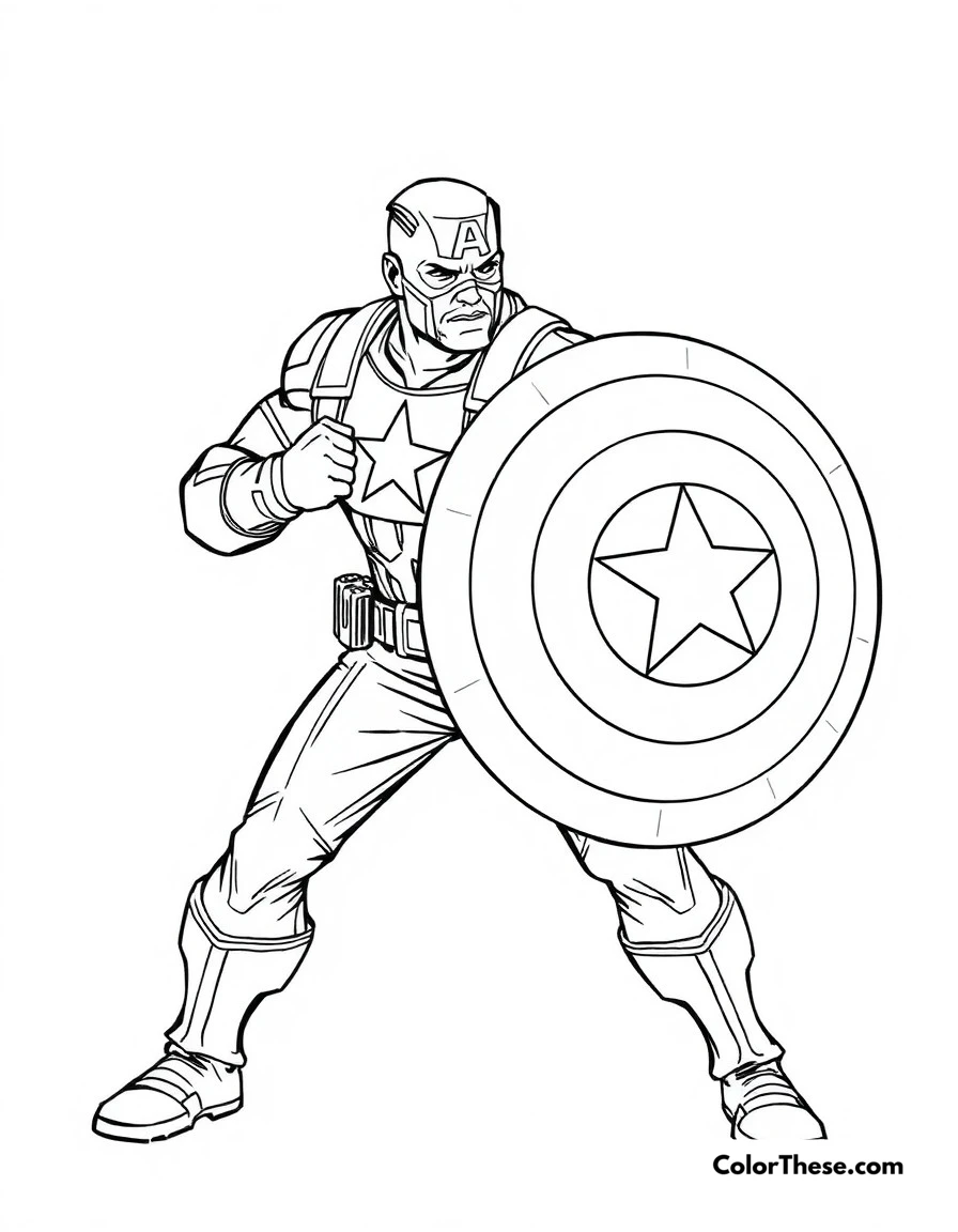 Free printable captain america battle stance coloring page for kids and adults. Steve Rogers in a defensive stance with his shield ready for action.