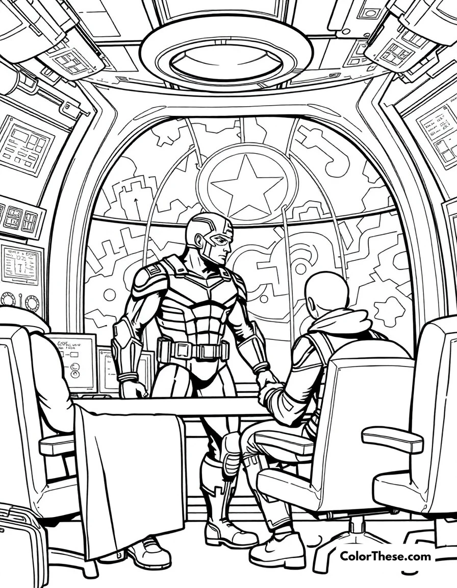 Free printable captain america headquarters coloring page for kids and adults. Cap at the Avengers headquarters planning the next mission.