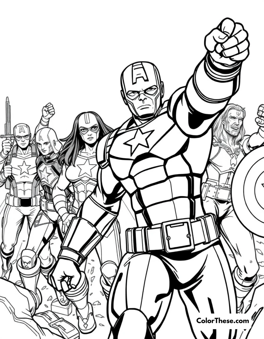 Free printable captain america avengers leader coloring page for kids and adults. Cap leading the Avengers team into battle with determination.