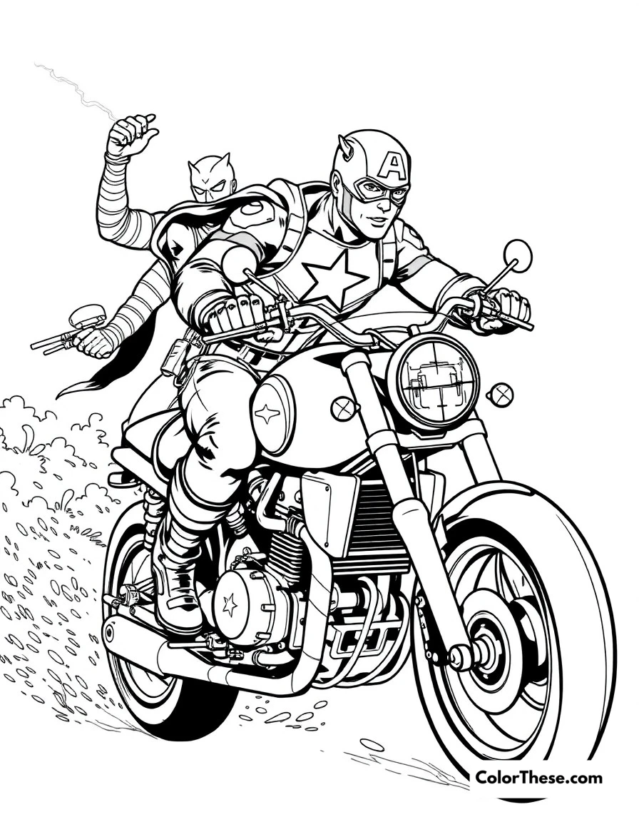 Free printable captain america motorcycle chase coloring page for kids and adults. Captain America pursuing villains on his custom motorcycle.