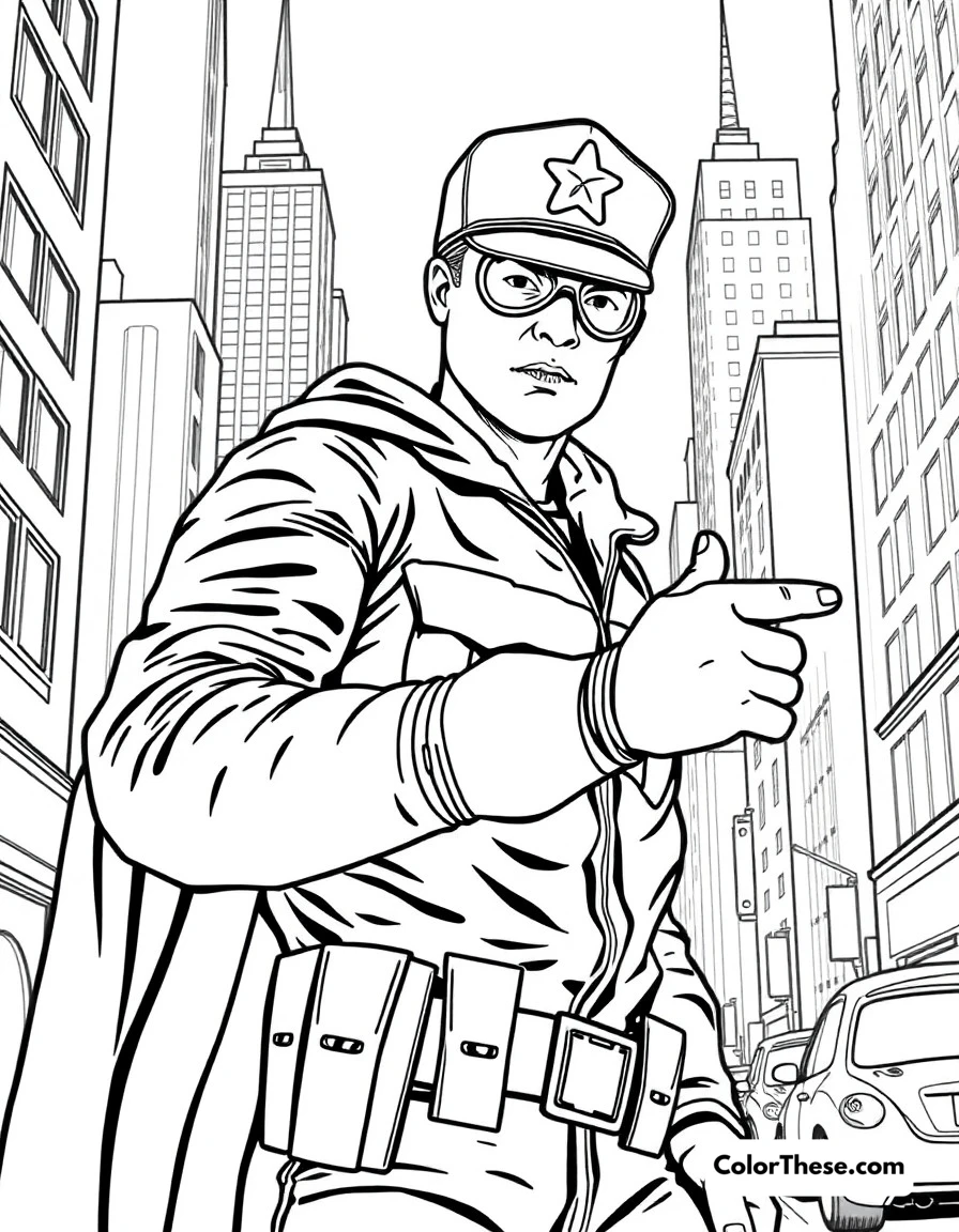 Free printable captain america city patrol coloring page for kids and adults. Cap protecting the streets of New York City from threats.
