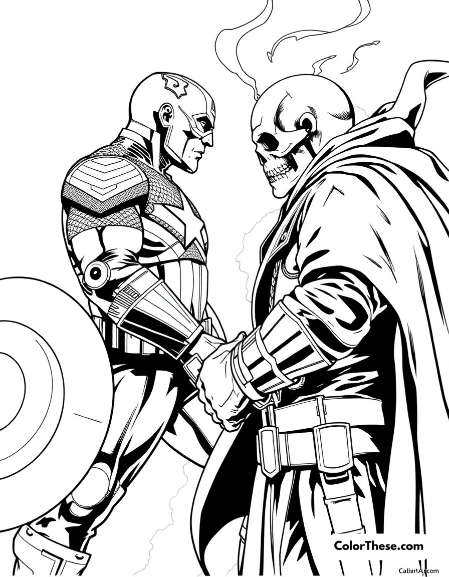Free printable captain america vs red skull coloring page for kids and adults. An intense face-off between Captain America and his arch-nemesis Red Skull.