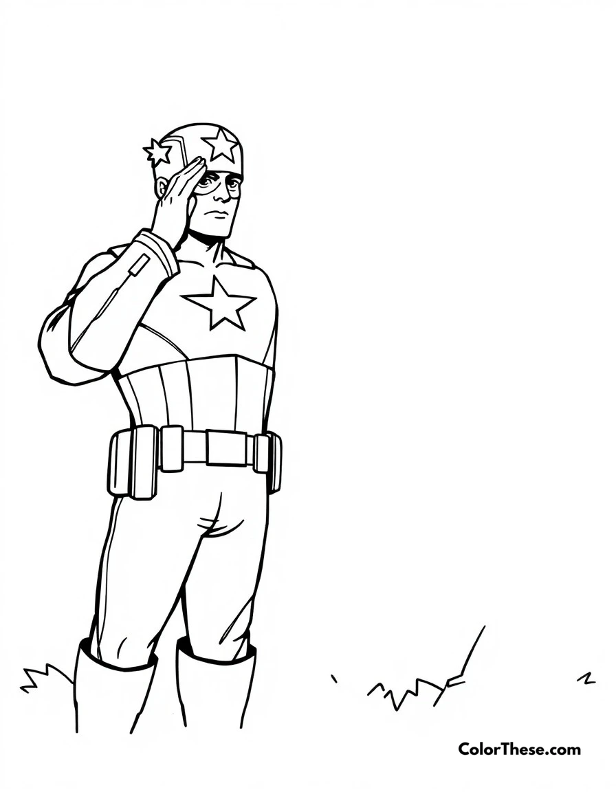 Free printable captain america salute coloring page for kids and adults. A patriotic scene of Captain America giving a respectful salute.