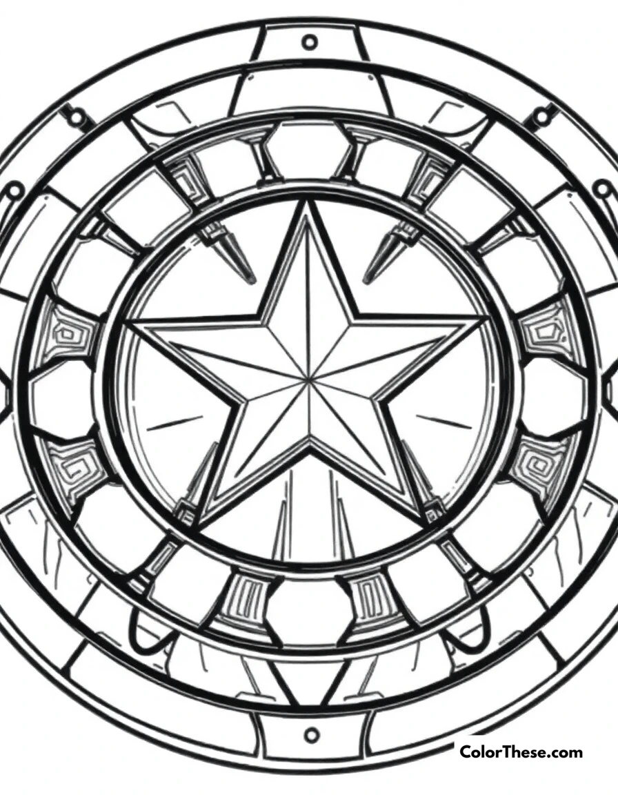 Free printable captain america shield design coloring page for kids and adults. A detailed close-up of Captain America's iconic vibranium shield with all its patterns.