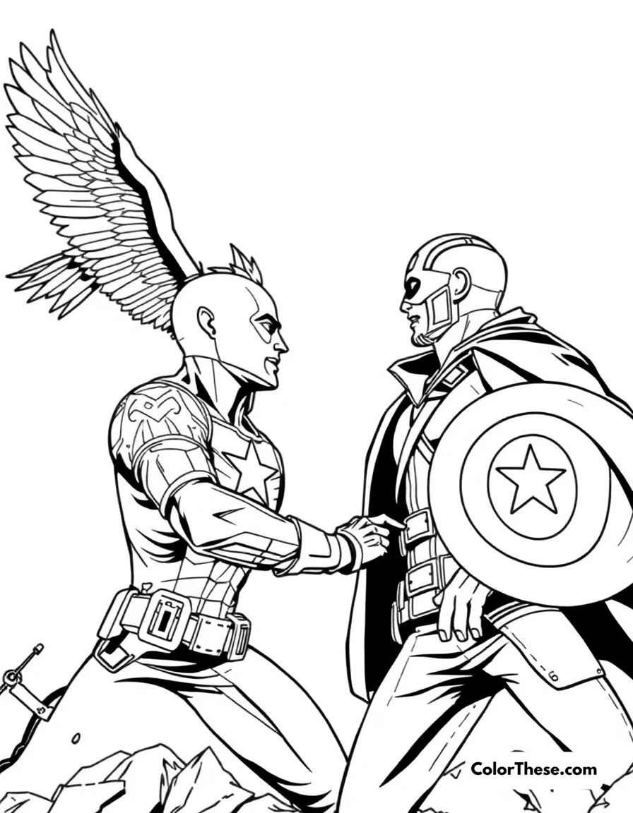 Free printable captain america team up coloring page for kids and adults. Cap fighting alongside Falcon and Winter Soldier.