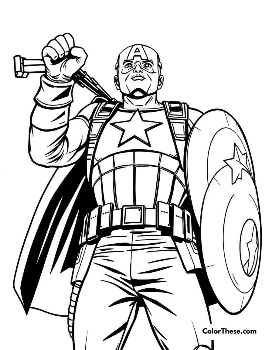Free printable captain america victory pose coloring page for kids and adults. A triumphant Captain America after successfully completing a mission.