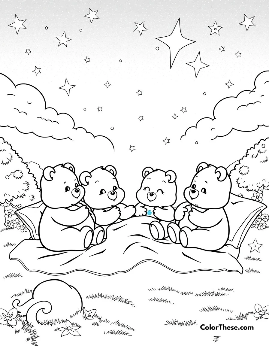Free printable care bears bedtime coloring page for kids and adults. The Care Bears getting ready for bed under a starlit sky in Care-a-lot.