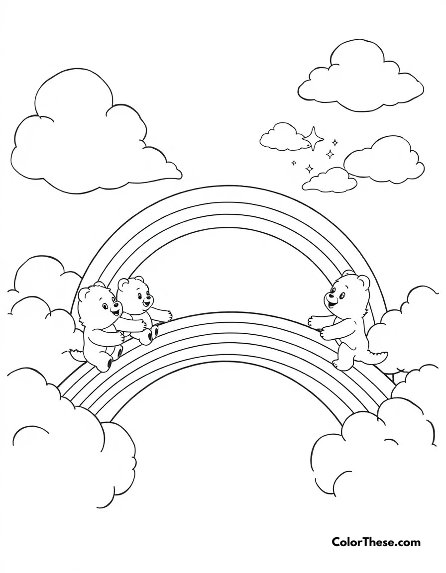 Free printable care bears rainbow bridge coloring page for kids and adults. Care Bears crossing a magical rainbow bridge between clouds in Care-a-lot.