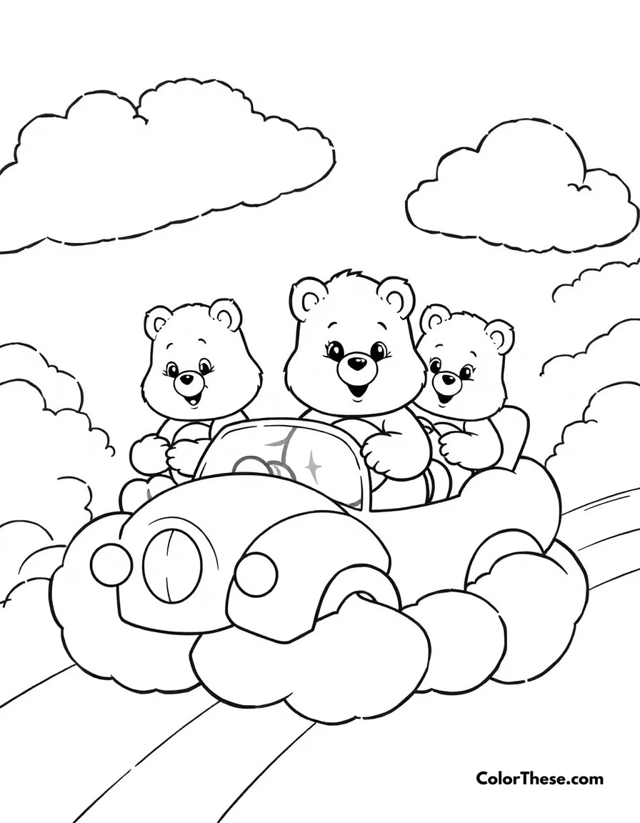 Free printable care bears cloud cars coloring page for kids and adults. The Care Bears driving their fluffy cloud cars through the sky.