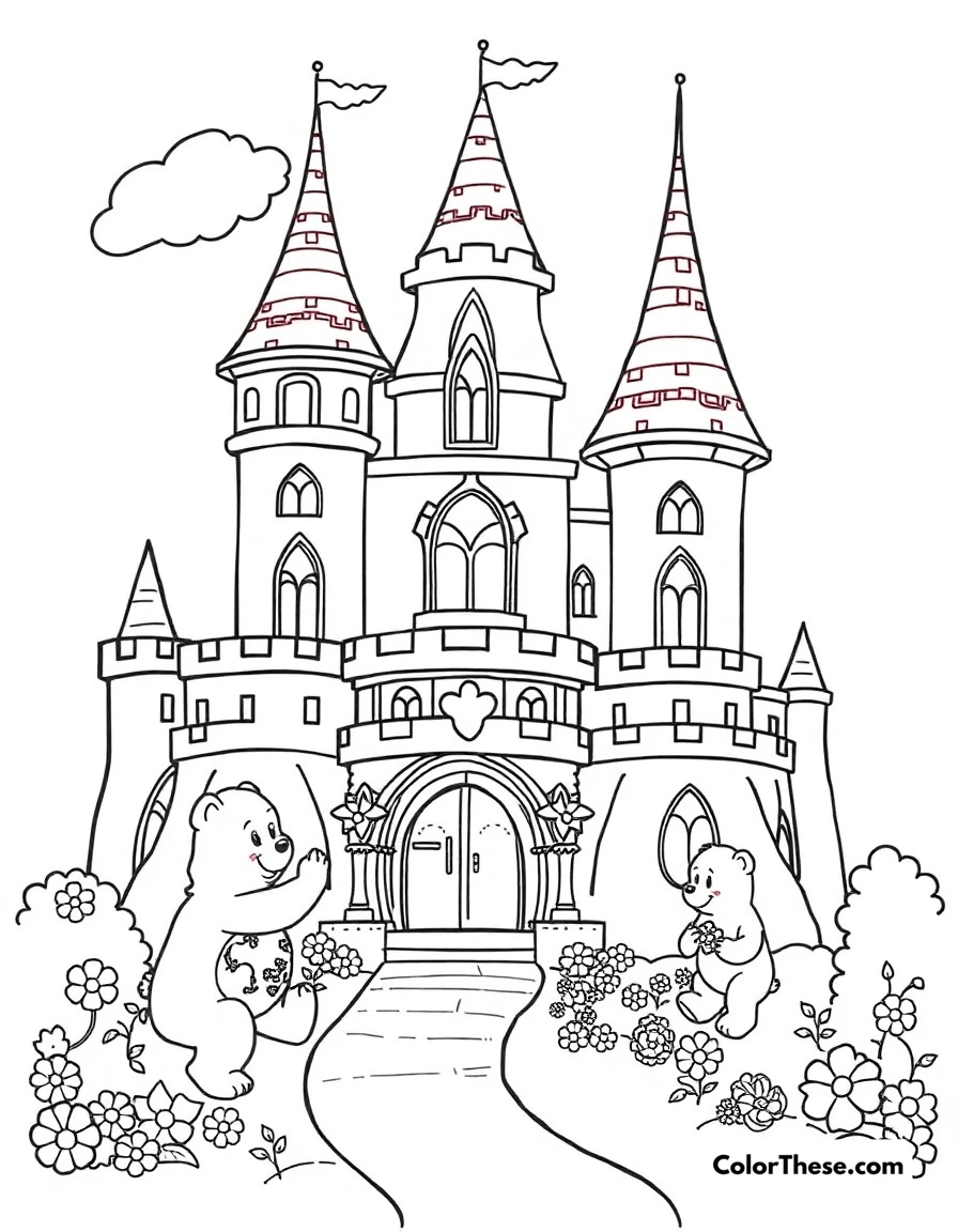 Free printable care bears care-a-lot castle coloring page for kids and adults. The magical castle in Care-a-lot where the Care Bears live and plan their caring missions.