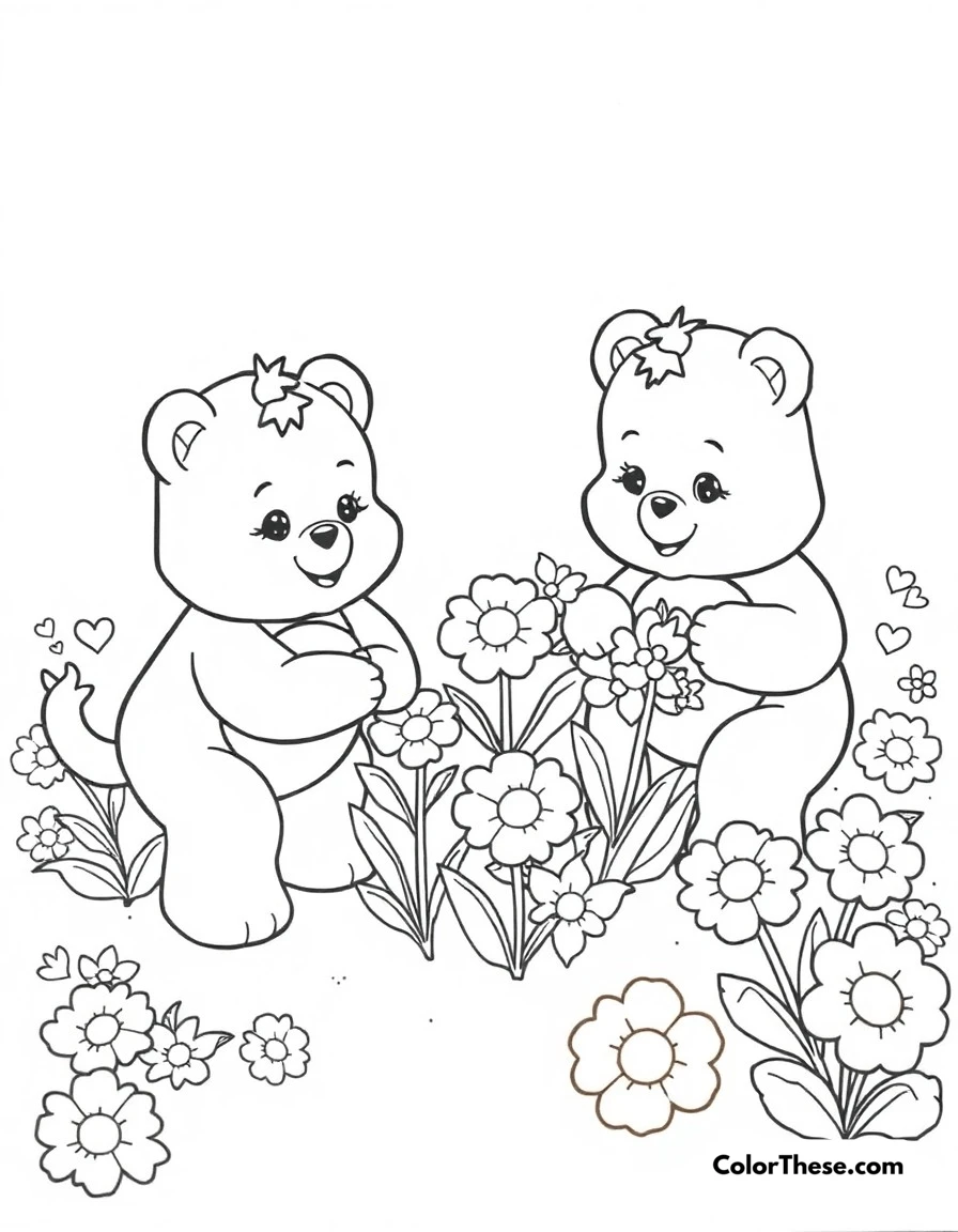 Free printable care bears caring garden coloring page for kids and adults. The Care Bears tending to their special garden of caring flowers.