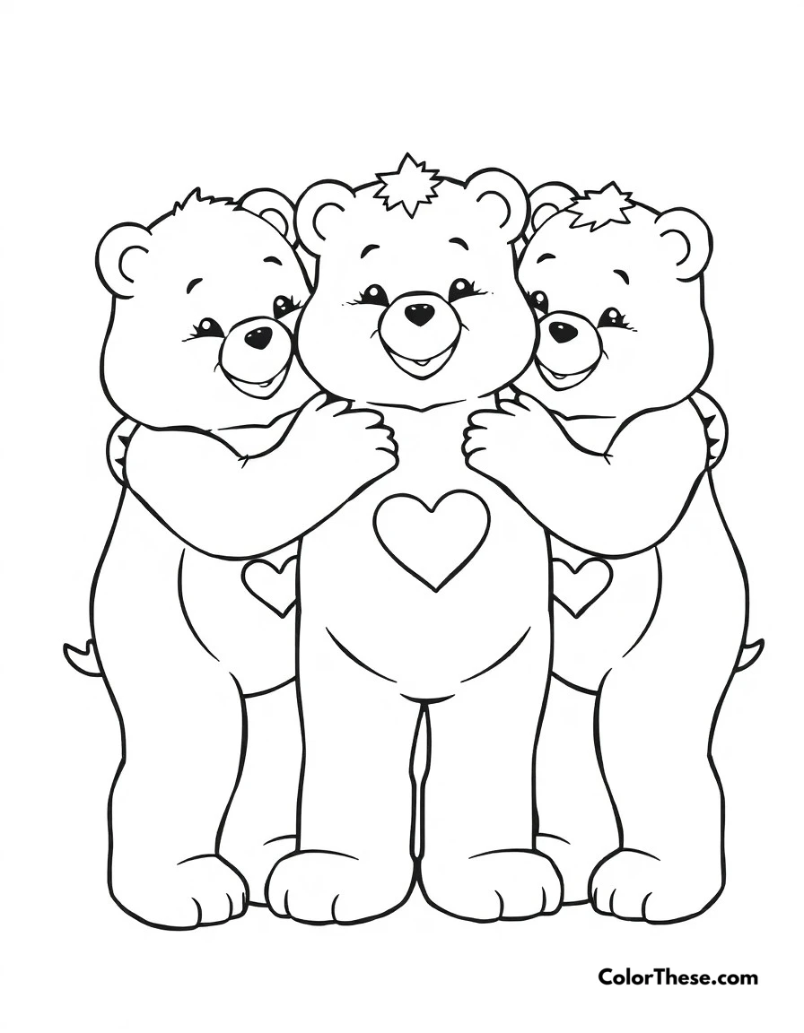 Free printable care bears group hug coloring page for kids and adults. The Care Bears sharing a warm group hug, their belly badges glowing with love.